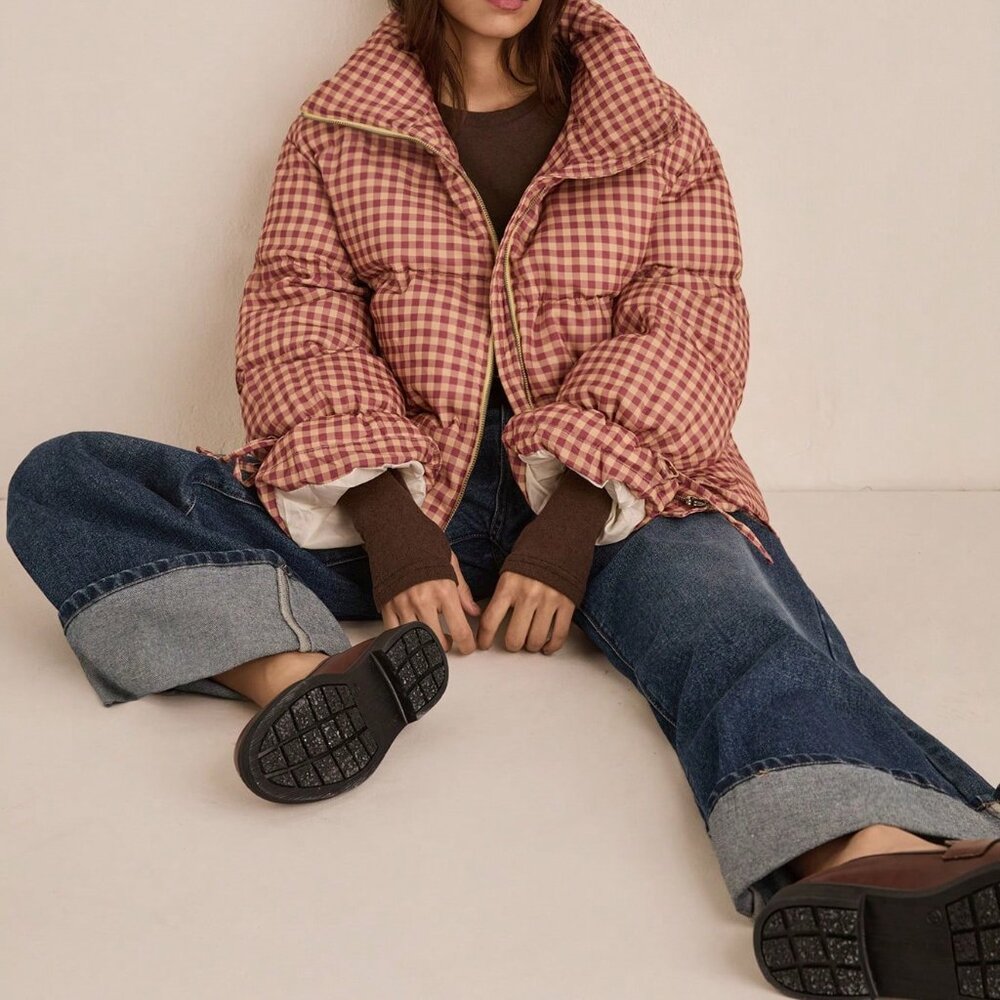 Multicolor Casual Women's Plaid Puffer Jacket